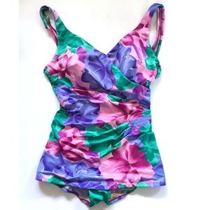 Vintage Roxanne One Piece Swimsuit Bra Sized 16 38B Floral Swim Dress Skirted